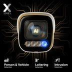 Close up of the X Series security camera lens with AI chip and circuit board background