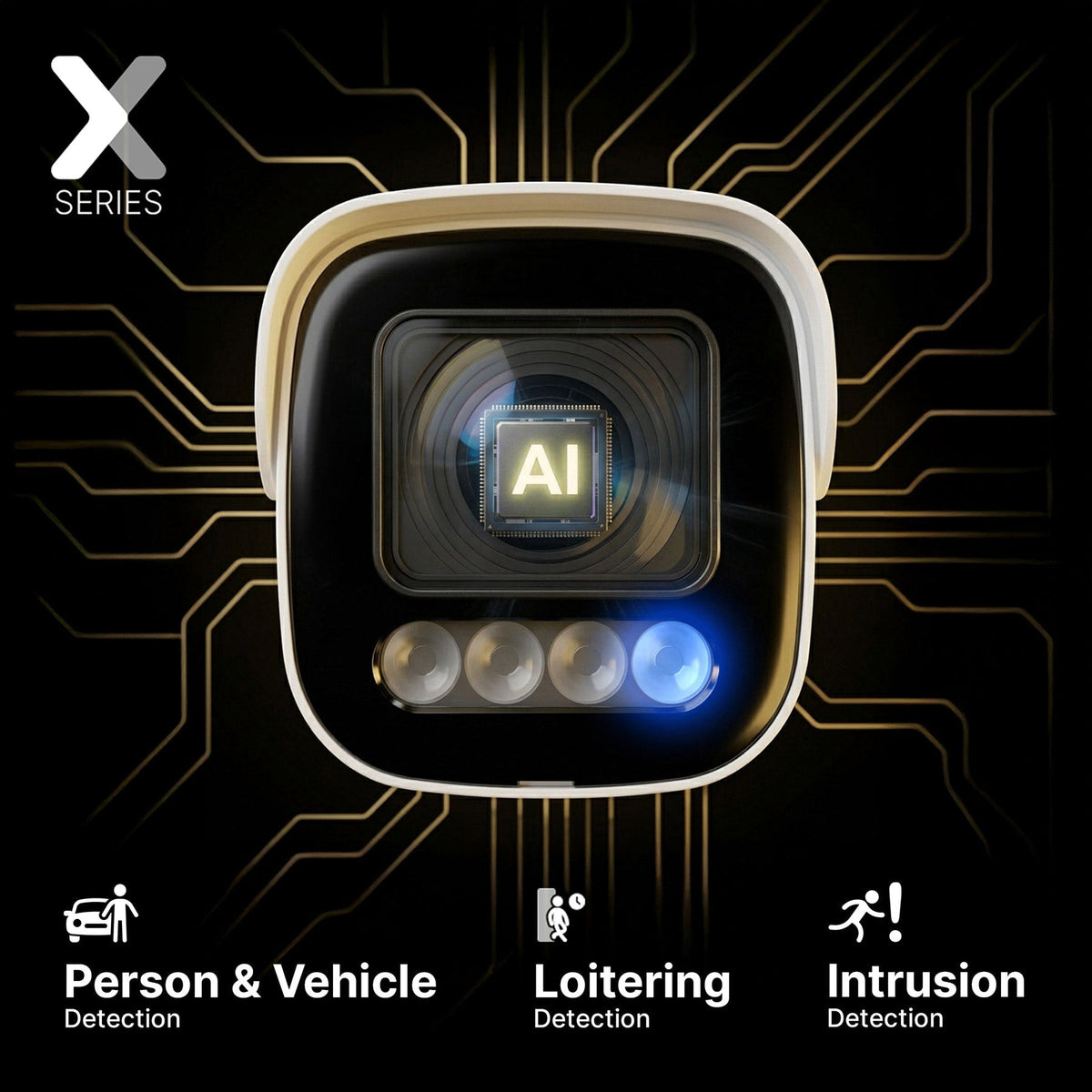 Close up of the X Series security camera lens with AI chip and circuit board background