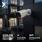 Lorex X Series exterior security camera mounted on a dark modern building