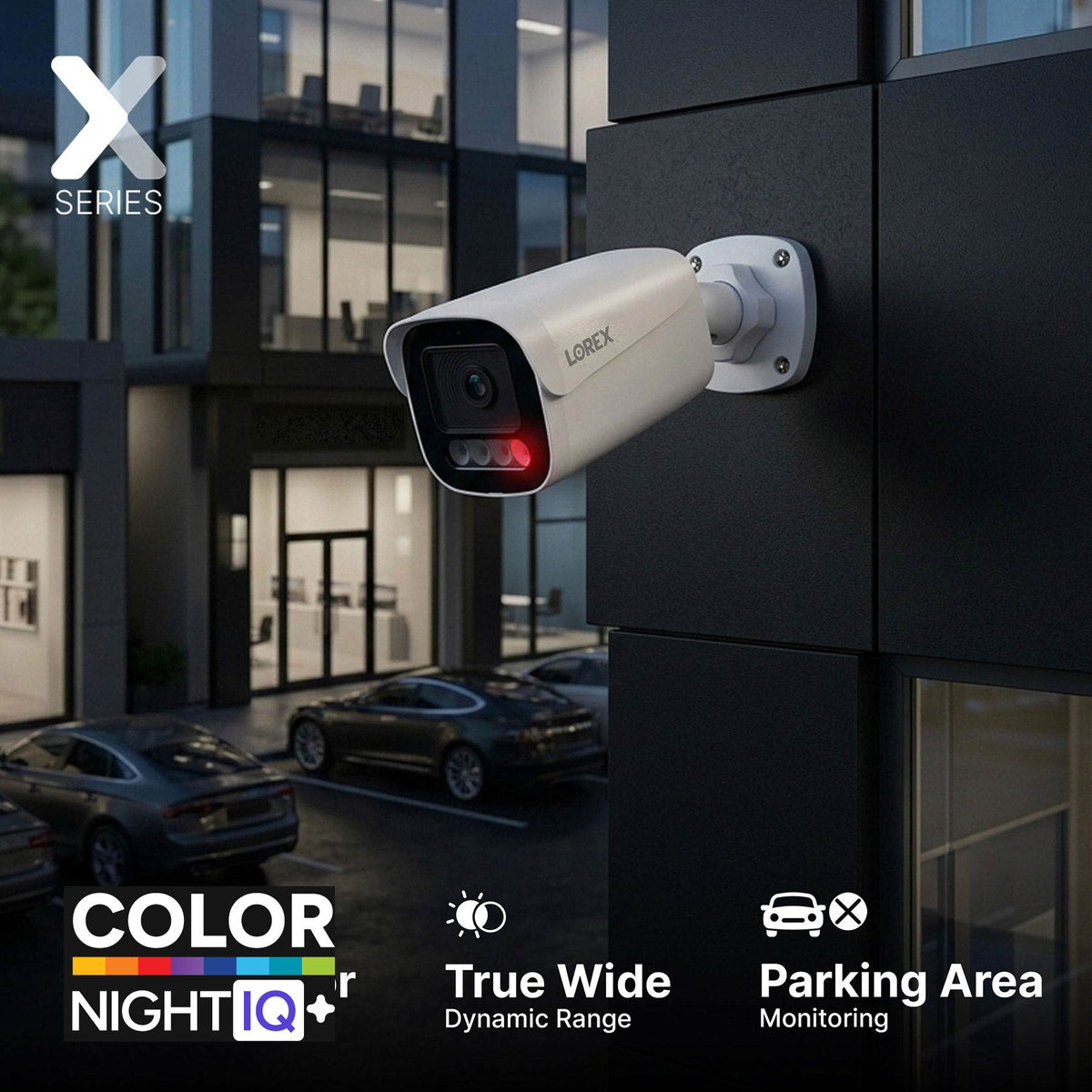 Lorex X Series exterior security camera mounted on a dark modern building
