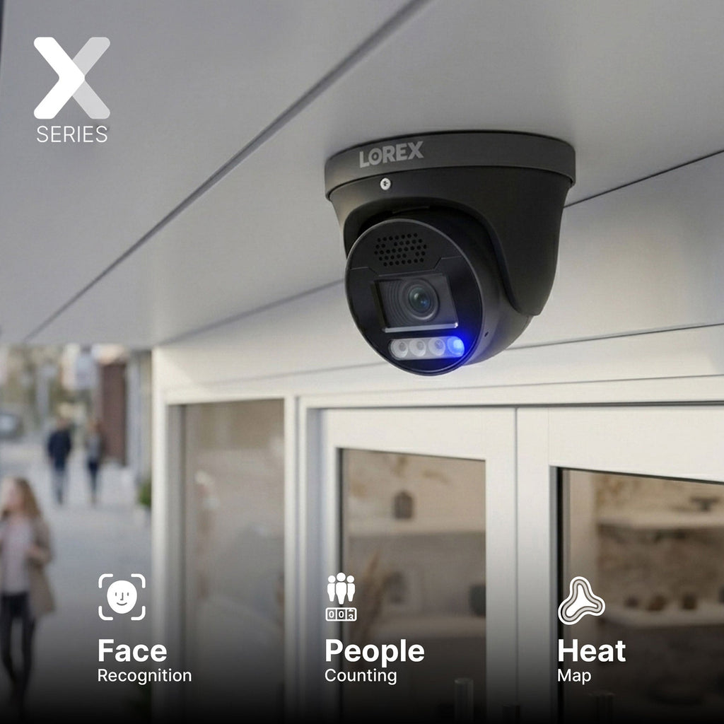 Lorex X Series 4K turret security camera mounted to a ceiling with X Series logo