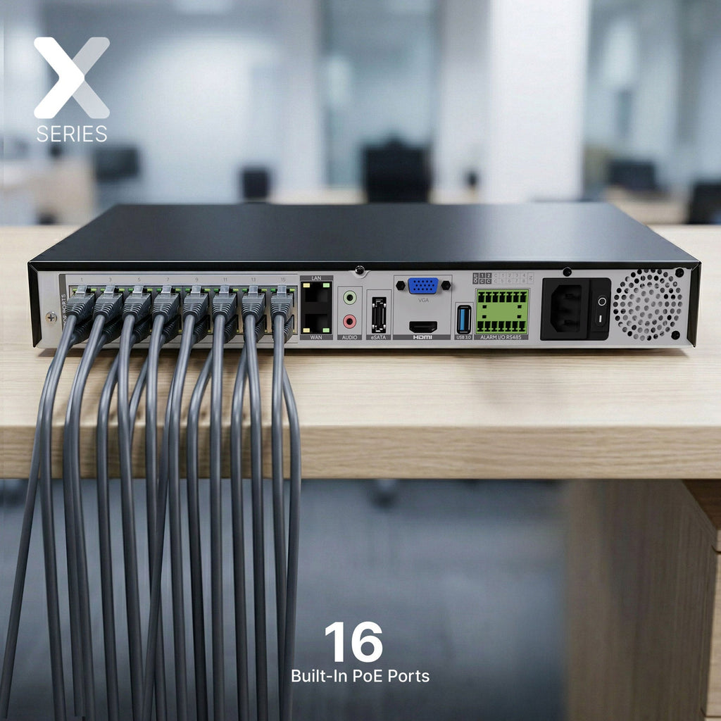 Rear view of Lorex X Series NVR with multiple ports and connected cables