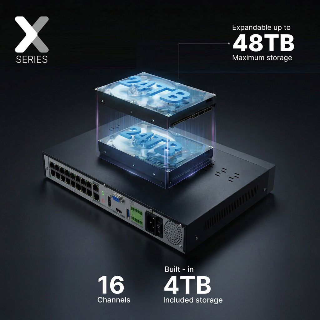 Lorex X Series 4K 16 channel wired NVR with built in 4TB storage and rear port panel