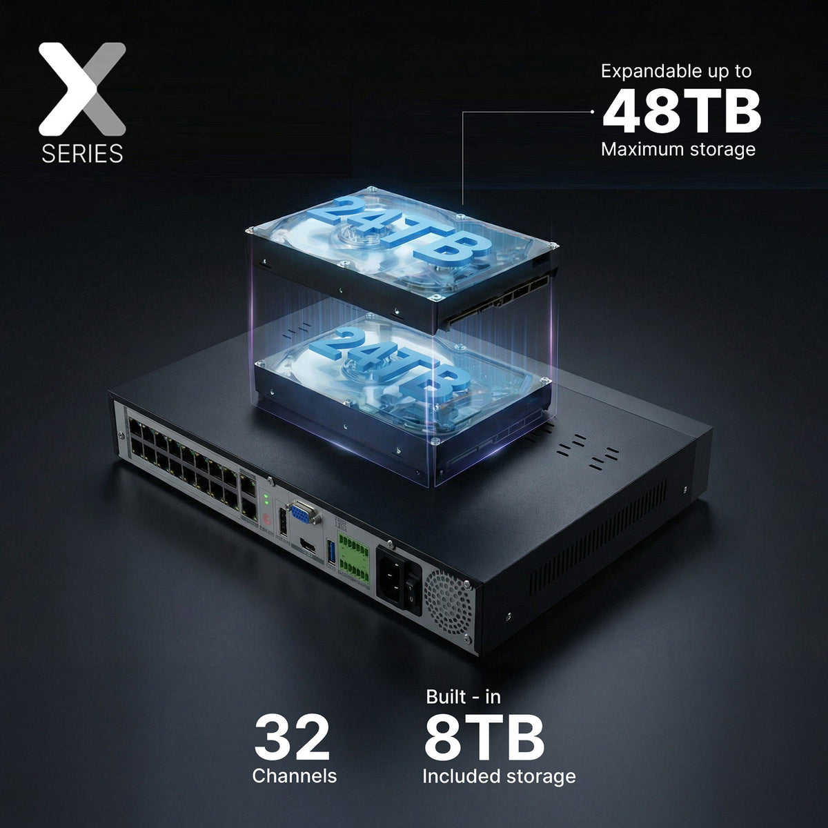 Back view of Lorex NVR on a rack with cables connected and storage expandable up to 48TB