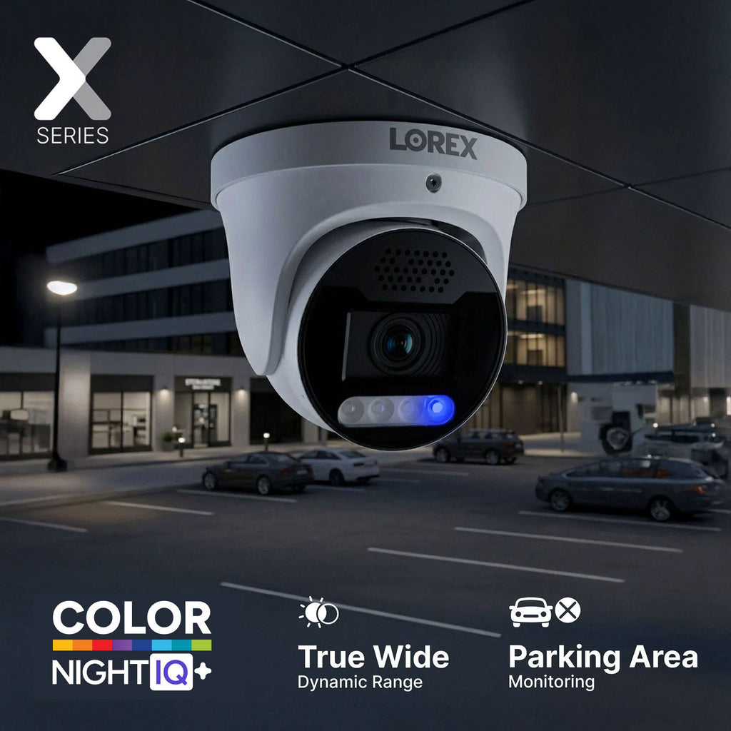 Lorex X5 turret camera with AI Color Night Vision installed on a ceiling