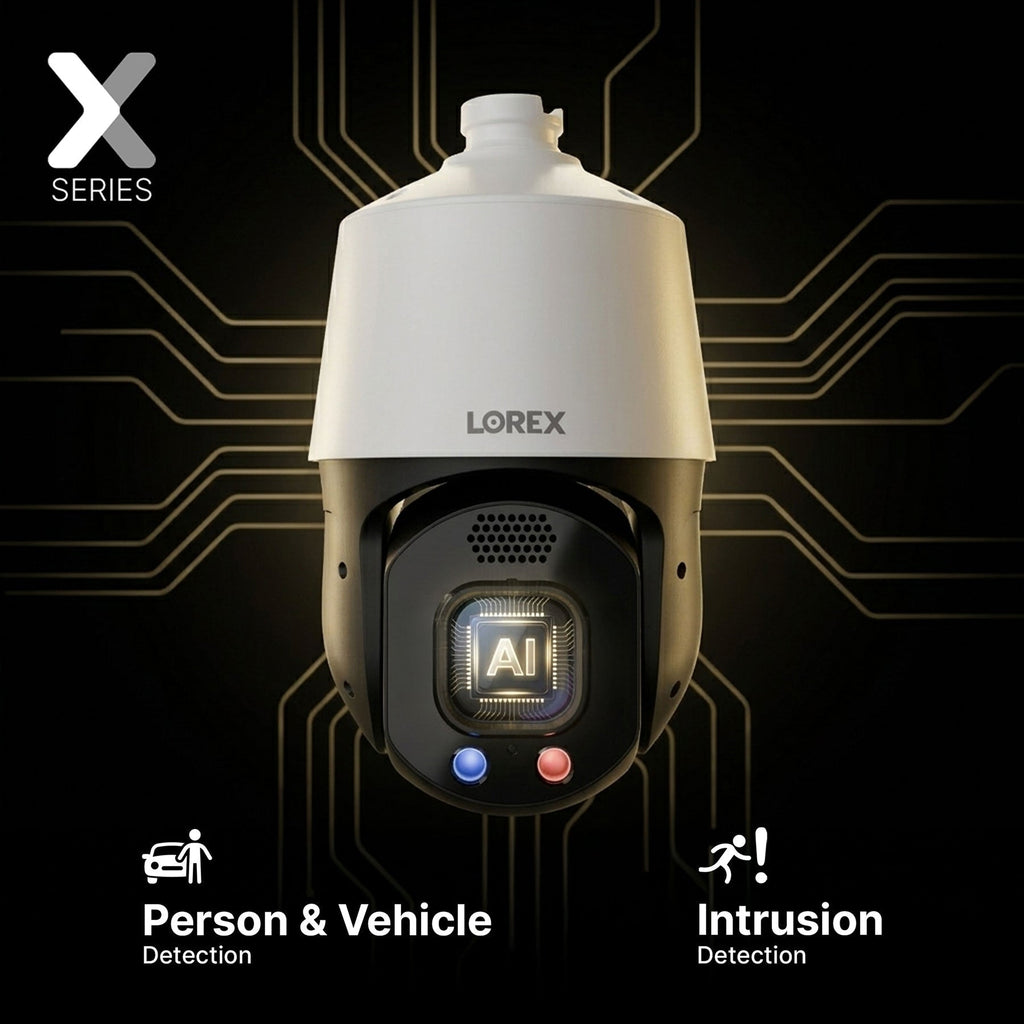 Close up of a Lorex Connect X Series 4K PTZ camera with AI badge and a circuit board backdrop