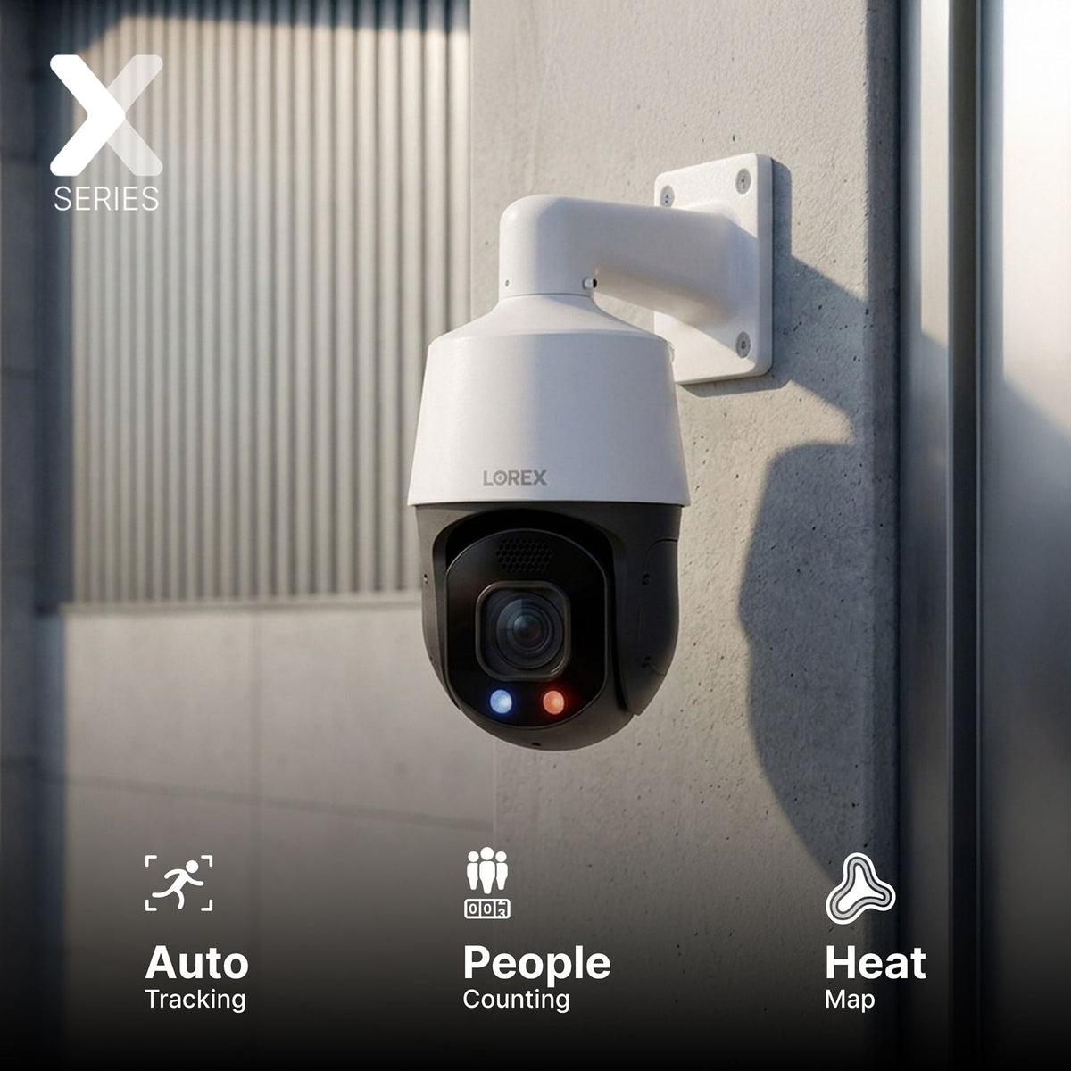 Lorex Connect X Series 4K PTZ camera mounted on an exterior wall with the X Series logo