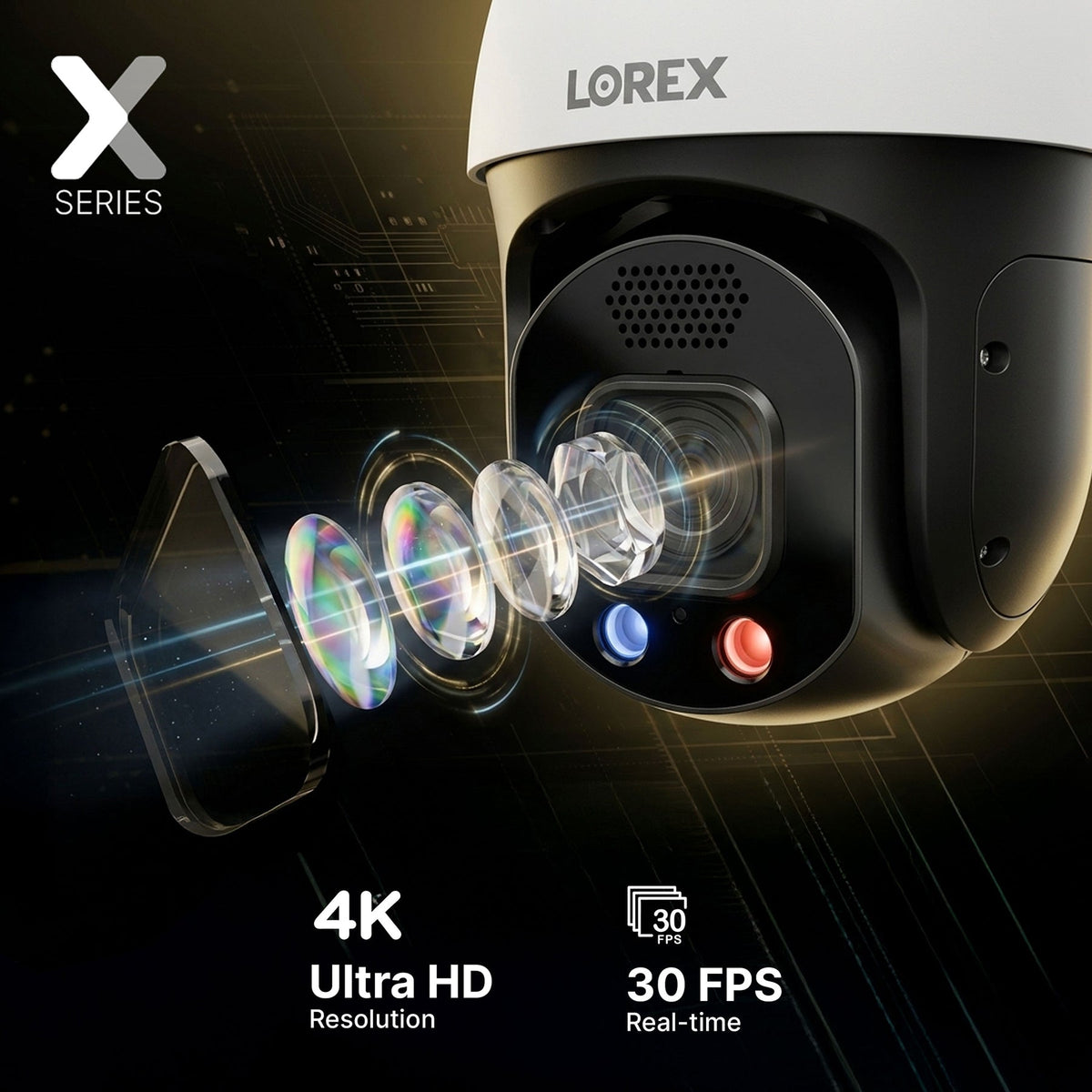Lorex Connect X Series 4K PTZ security camera close up with visible lens stack and Lorex logo