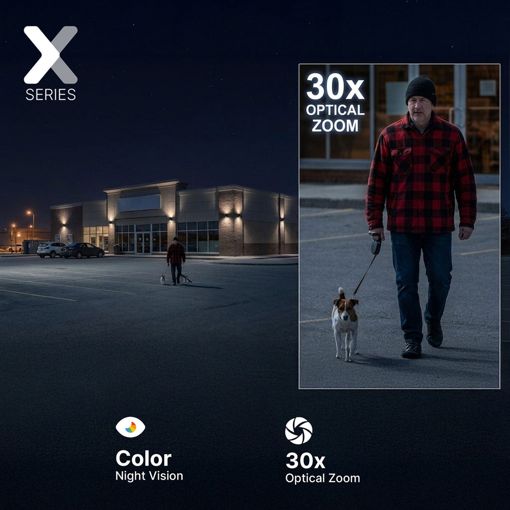 Nighttime Lorex Connect X Series image beside a 30x optical zoom display