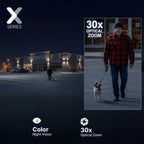 Nighttime Lorex Connect X Series image beside a 30x optical zoom display